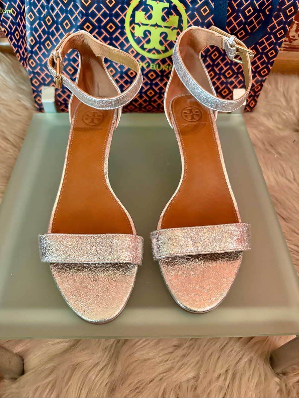 Tory Burch Silver Metallic Ankle-Strap Sandals